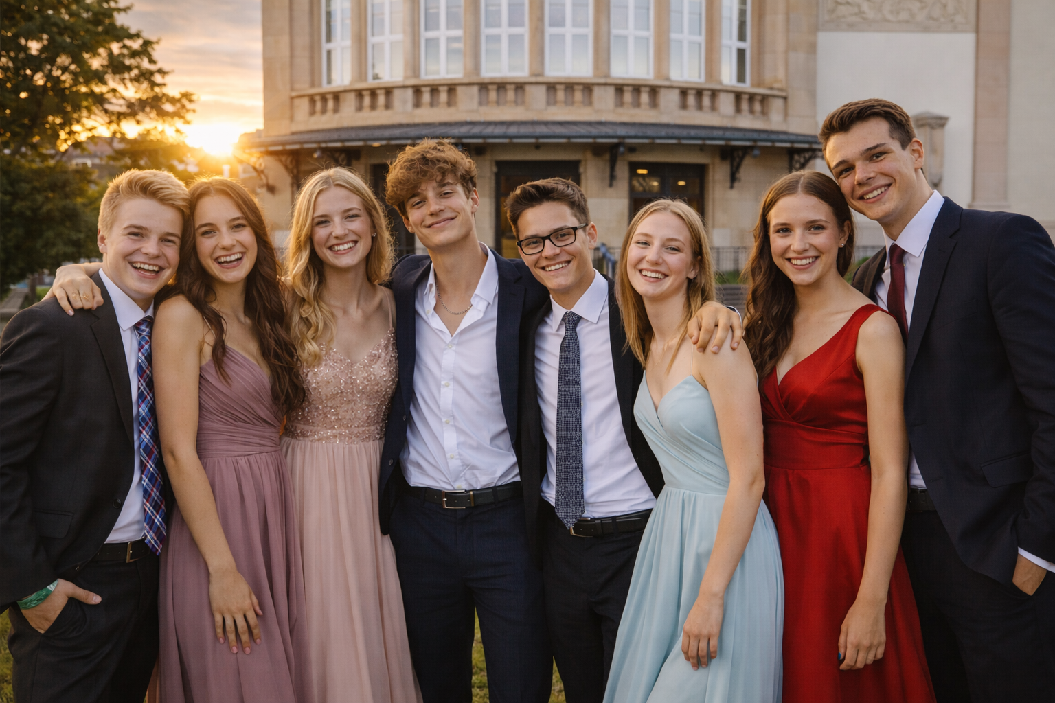 Gruppe vor dem Schulgebäude